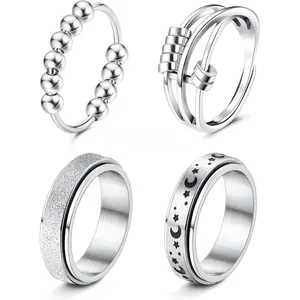 CASSIECA Stainless Steel Fidget Anxiety Ring for Women Men Fidget Spinner Rings Moon Star Celtic Stress Relieving Spinning Ring Wedding Band Rings Set