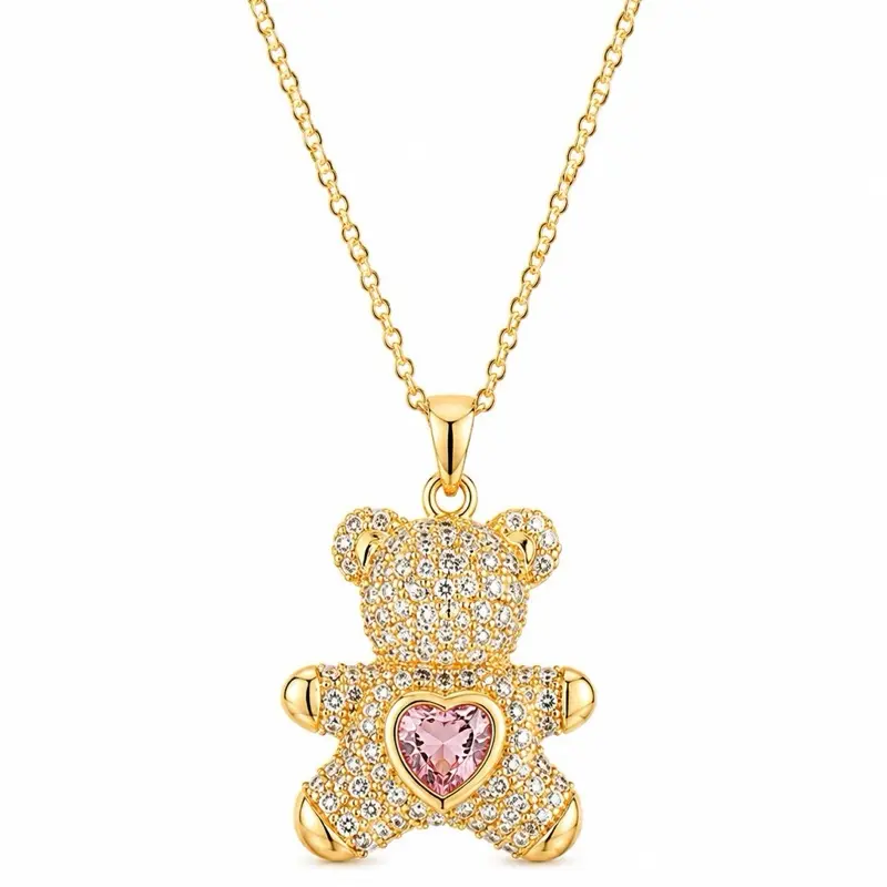 Pink Heart Teddy Pendant Necklace, 16 in