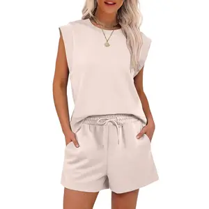 ANRABESS Two Piece Sets for Women Summer Lounge Set Casual Cap Sleeve Crewneck Tops and Drawstring Short Outfits Minimalist Basic Outdoor Tracksuit