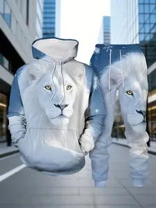 Men's Fall Winter Hoodie Set, Snow Leopard 3D Full Print, Sporty Fitted Long Sleeve, Ankle Length Pants, Natural Waist, Medium Length