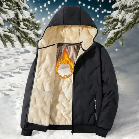 Men's Thick Fleece-Lined Long Sleeve Hooded Jacket - Winter Warm Plain Casual Pocket Outerwear, Regular Fit, 100% Polyester, Easy to Care For, Zipper Closure, Stylish Western Menswear Top, Convenient Pockets
