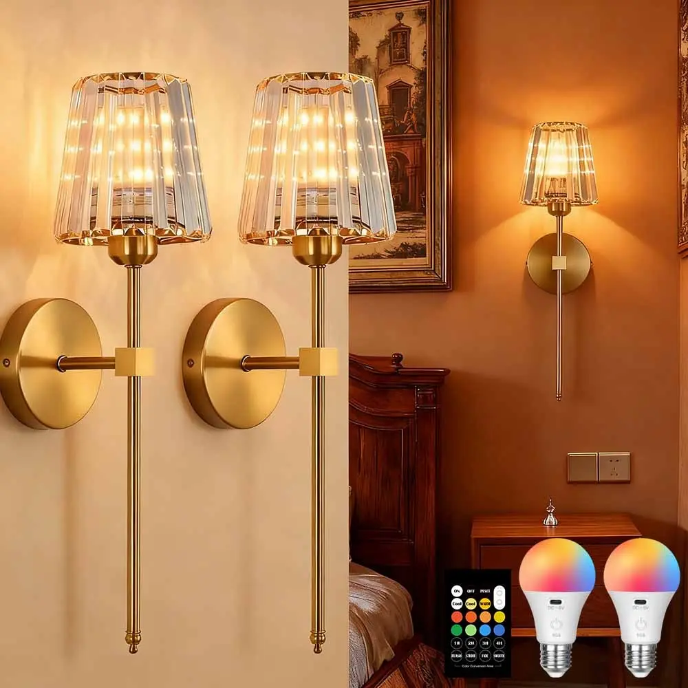 2-piece set of 48CM crystal wall lights, retro metallic texture RGB adjustable light, wiring free rechargeable E27 lamp head, suitable for bedroom, living room, corridor, foyer interior decoration lights Adjustable RGB Lighting Decorative Lights