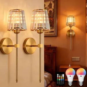 2-piece set of 48CM crystal wall lights, retro metallic texture RGB adjustable light, wiring free rechargeable E27 lamp head, suitable for bedroom, living room, corridor, foyer interior decoration lights