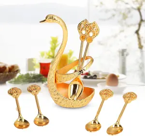 Elegant Swan Coffee Spoon Set with Holder - Metal Swan Base Organizer for 6 Mini Spoons - Perfect for Coffee Dessert Fruit Ice Cream & Cake - High-Quality Zinc Alloy - Versatile Tableware for Various Settings
