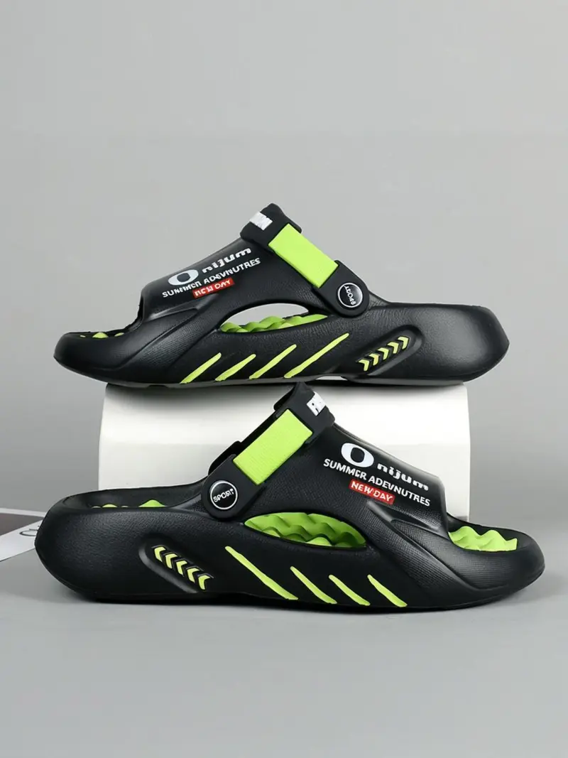 Men's Sporty Letters Print Slides, Casual Comfortable Breathable Non-slip Slippers for Outdoor Beach, Lightweight Breathable Beach Slippers for Daily Wear, Boy, Indoor Outdoor Slippers