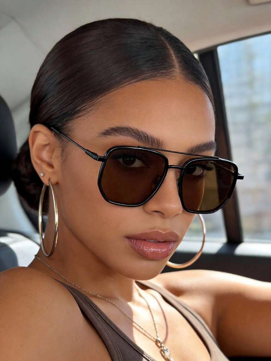 Sleek Double-Bridge Aviator Sunglasses - Textured Metal Frame with Angular Lenses, UV400 Protection Shades Perfect for Everyday Casual and Timeless Street Style