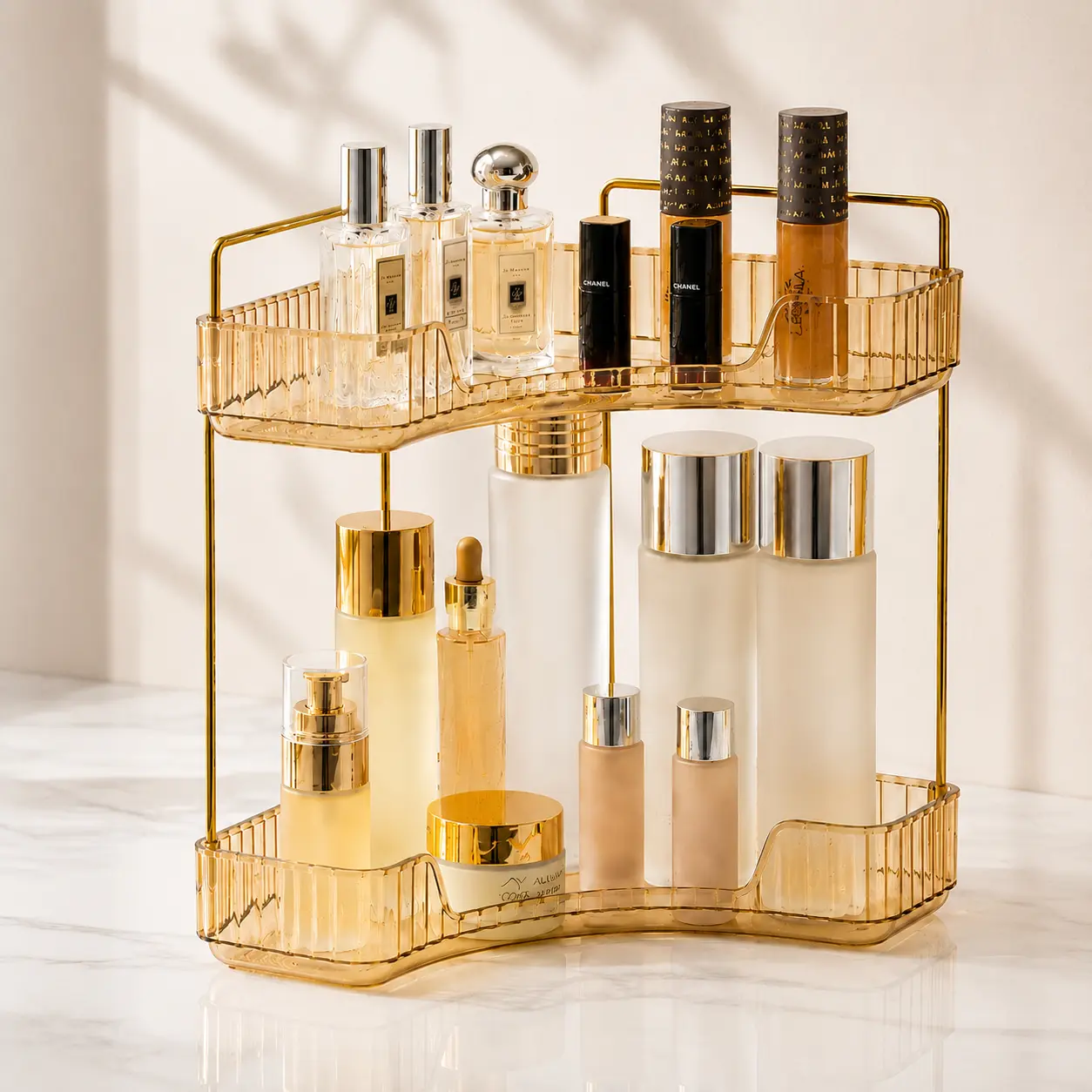 2-Tier Corner Countertop Organizer with Perfume Tray - Bathroom Accessories Organizer, Beauty Organization, Divided Clutter-Free Cosmetic Organisers for Vanity, Sink Counter, Women's Small Space Home Storage
