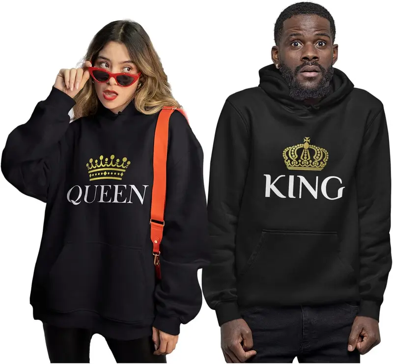 Tstars King & Queen Matching Couple Hoodie Set for Valentine's Day Gift His & Hers Women Small Men Large Black Printed Hoodies Casual Long Sleeve Drop Shoulder Garment
