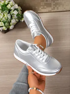 Women's Casual Low-Top Sneakers, Trendy Walking Sneaker, & Silver Color Comfortable Walking Shoes, Rubber Sole, Lace-Up Design, All-Day Wear