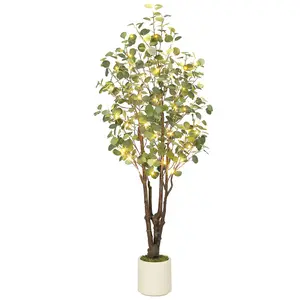6FT Decorative Artificial Eucalyptus Tree with Realistic Leaves, LED Fairy Lights and White Planter, Indoor Faux Floor Tree for Home Office Decor, Ideal Wedding Gift Ornament