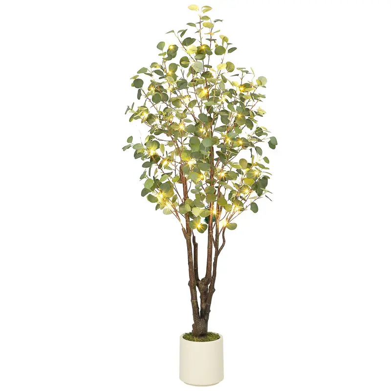 【Christmas Gift】6FT Realistic Synthetic Eucalyptus Tree with Remote-Controlled LED Fairy Lights, White Planter - Decorative Indoor Floor Furniture for Home Office, Event Decor, Wedding Ornament