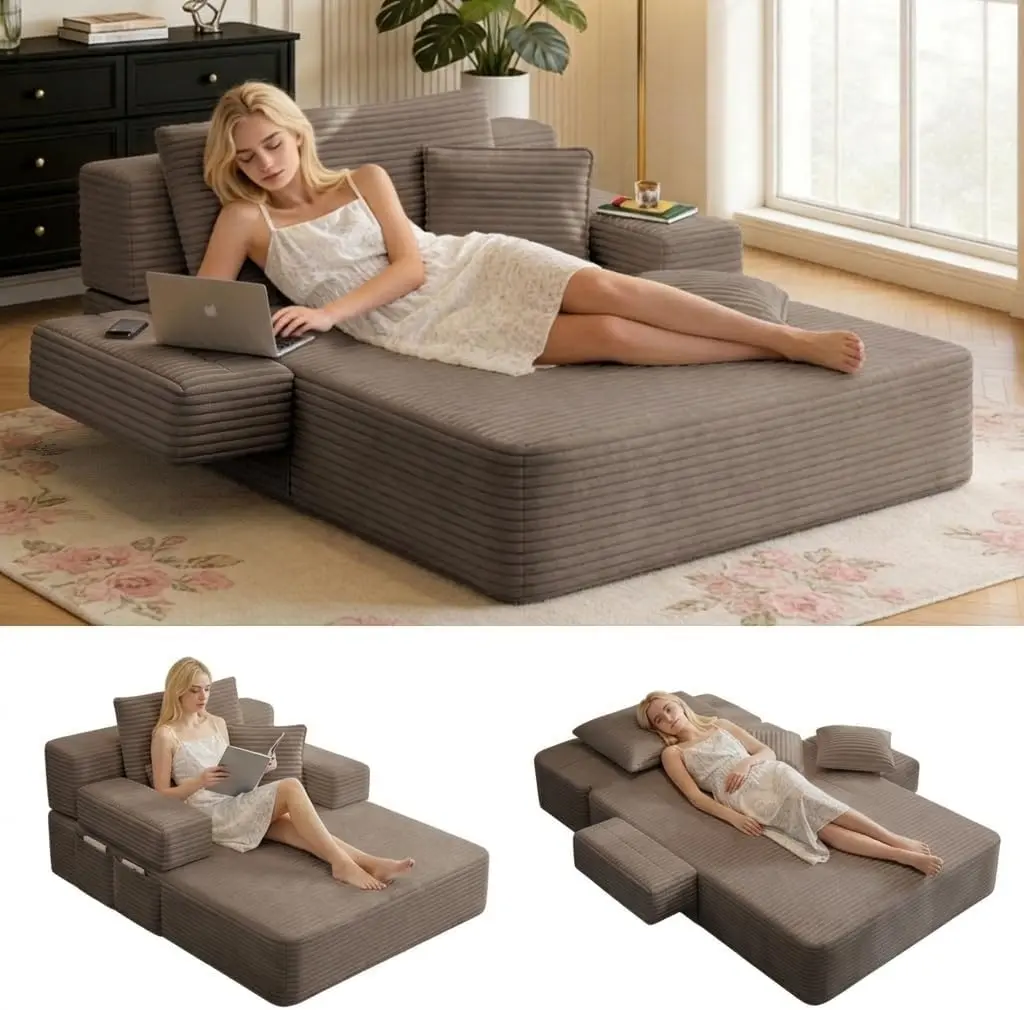 60.2" Chaise Lounge Chair Indoor, Corduroy Convertible Sofa Bed, Boneless Couch with Storage Pocket, Sleeper Chair for Small Spaces, Bedroom, Living Room, Apartment - Coffee