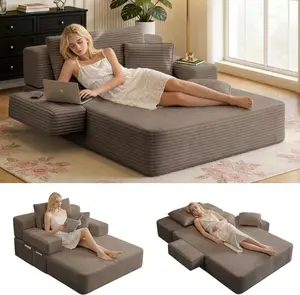 60.2" Chaise Lounge Chair Indoor, Corduroy Convertible Sofa Bed, Boneless Couch with Storage Pocket, Sleeper Chair for Small Spaces, Bedroom, Living Room, Apartment - Coffee