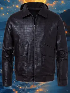 Men's Minimalist Crocodile Pattern PU Leather Jacket, Collar Zipper Pockets Design, Casual Long Sleeve Outerwear for All Seasons