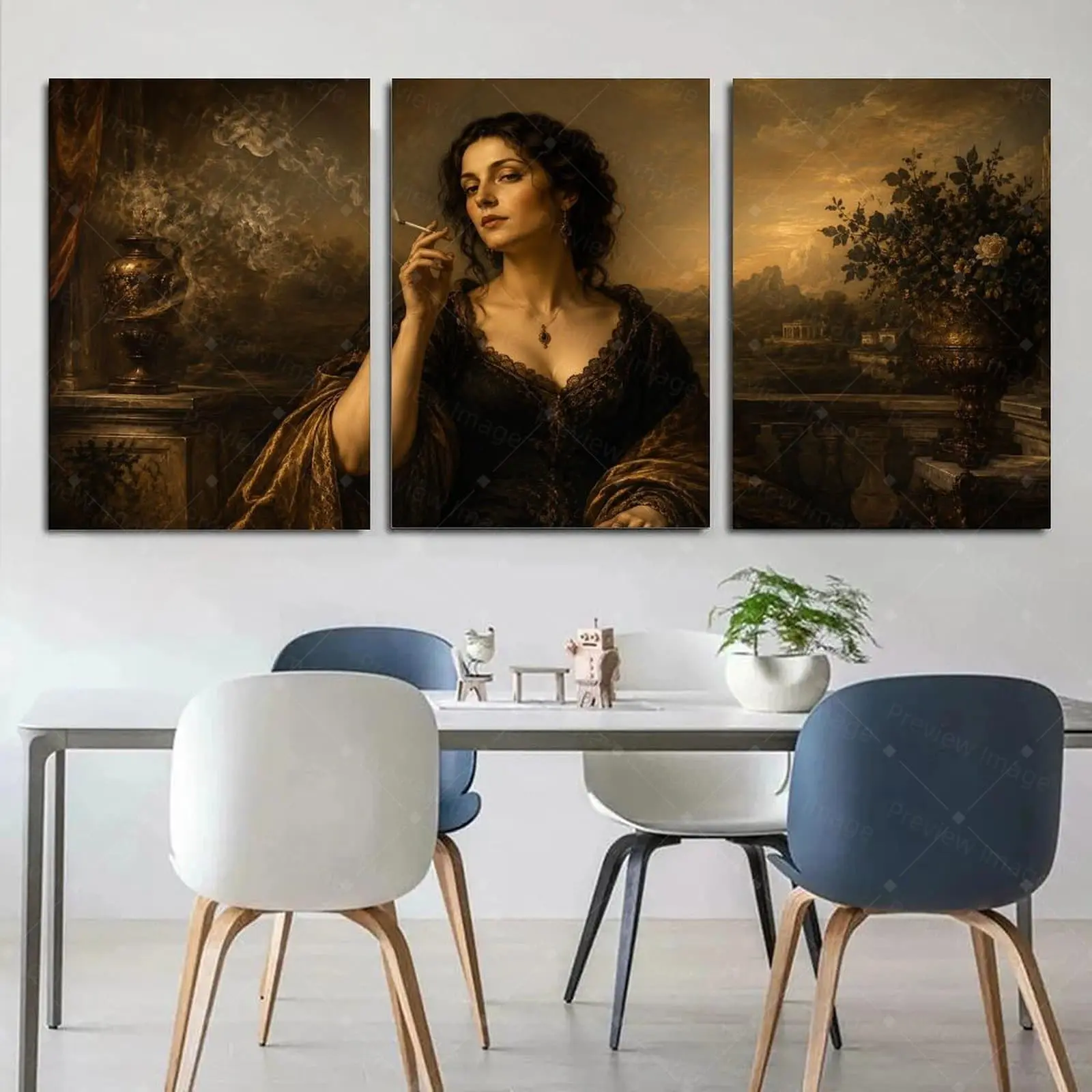 3 Piece Framed Vintage Smoking Woman Canvas Wall Art, Dark Academia Renaissance Style Poster, Sepia Tone Moody Aesthetic Decor for Living Room Bedroom Office, Art Lover Gift,wall decor,poster.