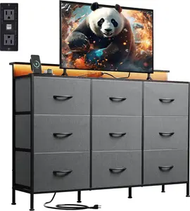 LED TV Stand with Charging Station – 55" Entertainment Center with 9 Fabric Drawers, Dresser Console with 2 AC Outlets & 2 USB Ports, Music Sync RGB Lighting for Living Room, Bedroom, Gaming Room