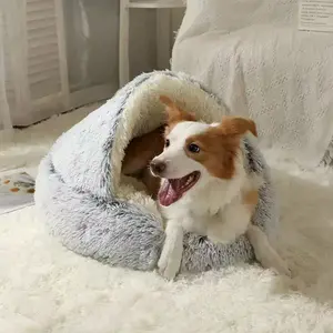 Half-Enclosed Cat Bed with Cover, Soft Pet Dog Bed, Autumn Winter Warm Short Plush Pet Bed for Dogs and Cats, PP Cotton Fabric, Bed Built Kennel