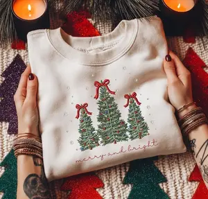Christmas Tree Sweatshirt, Christmas Embroidered Sweatshirt, Coquette Bow Sweatshirt, Merry and Bright Embroidered Sweatshirt