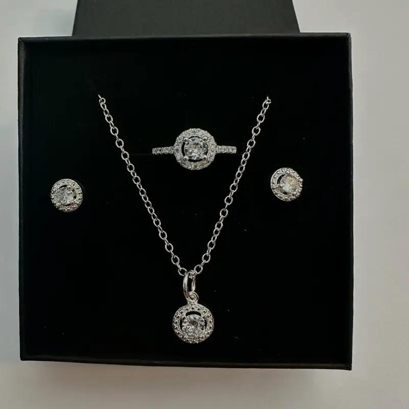 925 Sterling Silver Jewelry Set Necklace, Earrings And Adjustable Ring Size 8 jewelry set