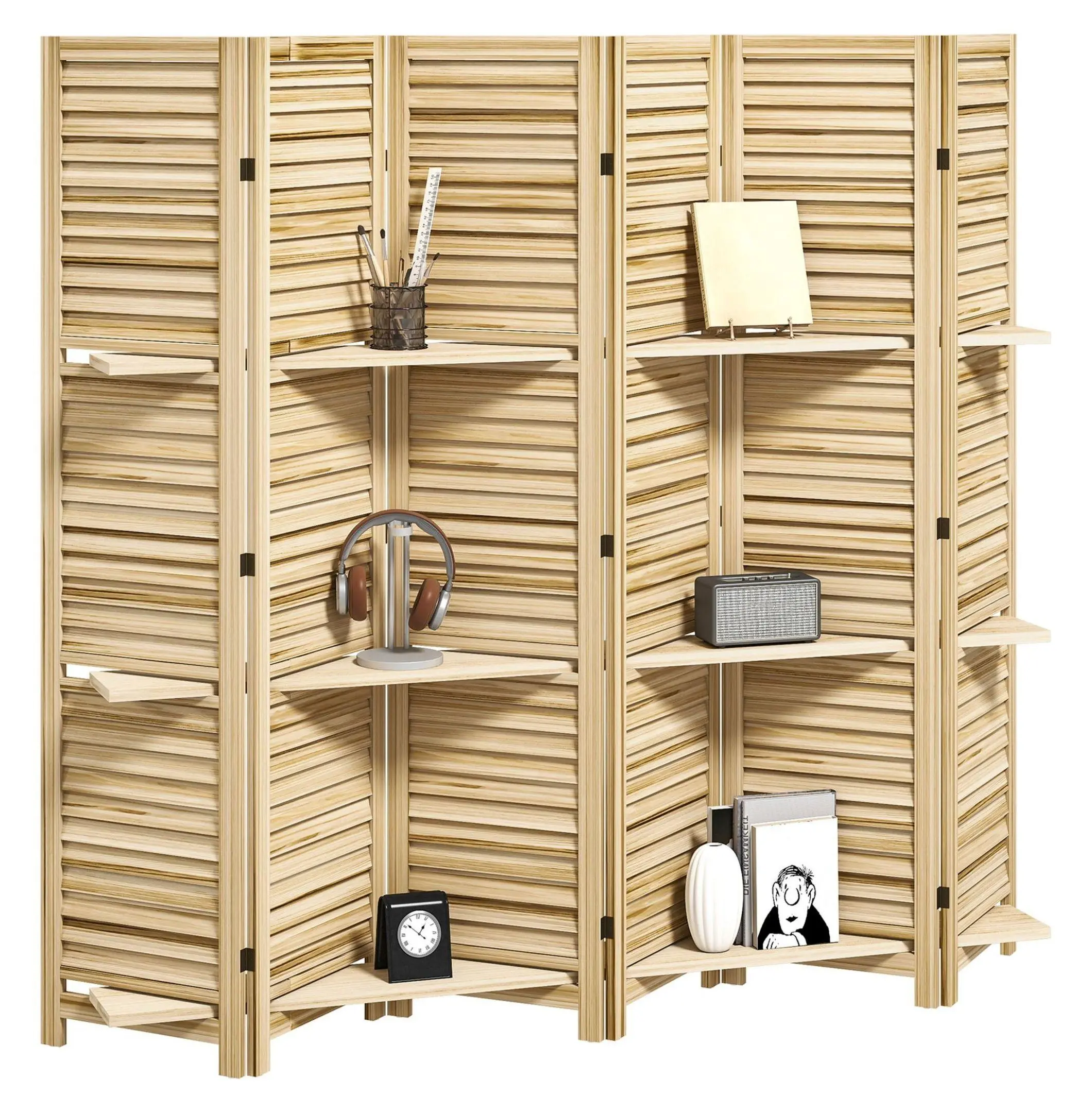 Wood Room Divider 67" Tall - 6 Panel Folding Privacy Screen with Shelves - Natural Wood Room Partition for Home, Office, Bedroom Default Title
