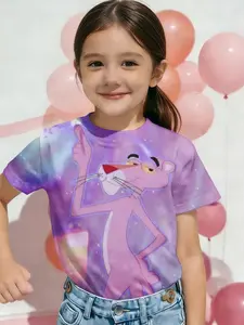 Edgy Pink Panther Girls Short Sleeve T-Shirt, Starry Gradient Print Top