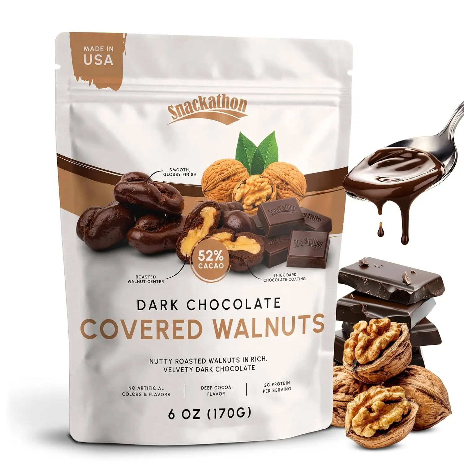 Snackathon Dark Chocolate Covered Walnuts, Resealable Snack Bag, Roasted Walnuts Coated in Rich 52% Cacao Dark Chocolate, Gourmet Nuts for Snacking, Sharing & Gifting, Made in USA