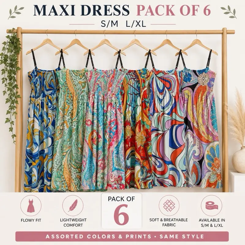 Dresses with Adjustable Straps – Pack of 6, Assorted Colors & Prints, S/M and L/XL Vestidos Maxi de Mujer con Busto Fruncido y Tirantes Ajustables – Paquete de 6, Colores y Estampados Variados, S/M y L/XL