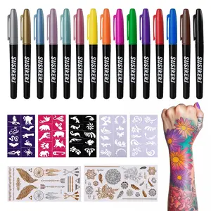 Temporary Tattoo Markers for Skin, 15 Colors Tattoo Pen + 50 Paint Stencils + 43 Tattoos Stickers, Glitter & Matte & Neon Glow Body Marker Set, Removable Fake Tattoos Kit for Teens and Adult