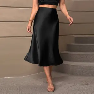 CELOT KEVER Satin Skirt Autumn Elegant Style Polyester Mid-Length A-Line Skirt Cotton Fabric