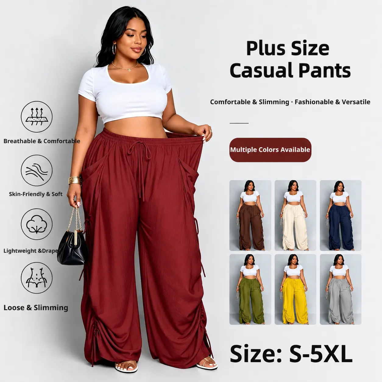 Women's Plus Size Casual Wide-Leg Pants (S-5XL), Elastic Drawstring High Waist Loose Trousers, Side Lace-Up Decor, Lightweight Breathable Skin-Friendly Fabric, Multiple Colors for Daily Vacation Streetwear