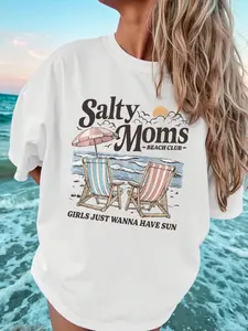 Women's Beach Club Round Neck Graphic Tee, Vintage Trendy Casual Short Sleeve T-shirt for Daily Wear, Casual Everyday Wear, Ladies Summer, Top