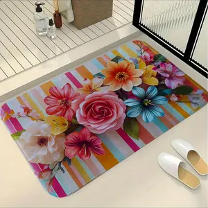 Floral Patterned Non-Slip Rug, Bathroom Entrance Mat, Flannel Memory Foam Carpet, Kitchen Bath Laundry Room, Home Decor Gift