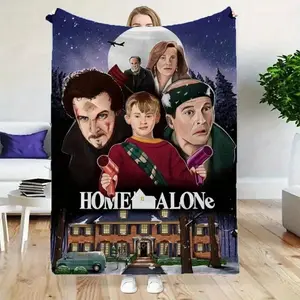 Home Alone Themed Christmas Blanket Featuring Kevin, Wet Bandits, Fuller Harry Lyme Marv Murchins pizza battle plan and iconic quotes. Cozy Soft Festive Perfect For Holiday DéCor, Movie Nights As A Fun Christmas Gift For Family Fans Of The Classic Film