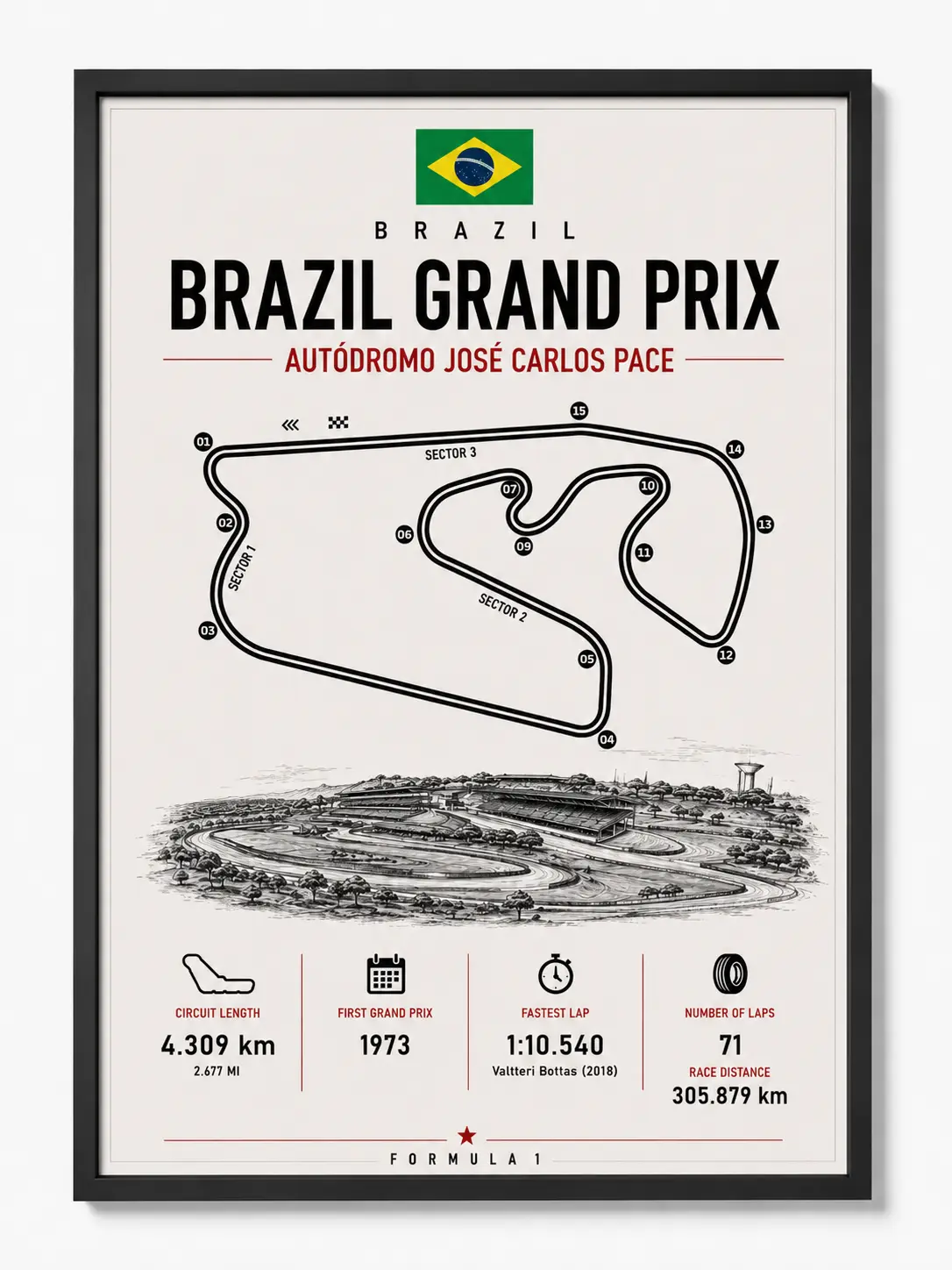 Brazilian Grand Prix Track | Poster Decor Luxury Print Wall Art Decor For Home Bedroom With Black Frame