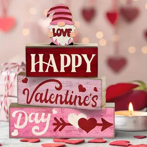 4 Pcs Valentine Table Decor Wooden Red Dwarf Decoration, Valentine's Day Heart Beat Centerpiece, Sweet home Valentine Tiered Tray Decor Red Heart Block Signs Gift for Farmhouse Home Kitchen, valentine's day display set