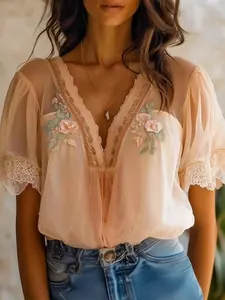 Women's Vintage Bohemian V-Neck Embroidered Lace Patchwork Blouse, Loose Fit Short Sleeve Shirt, Elegant and Breathable, Available in Plus Sizes