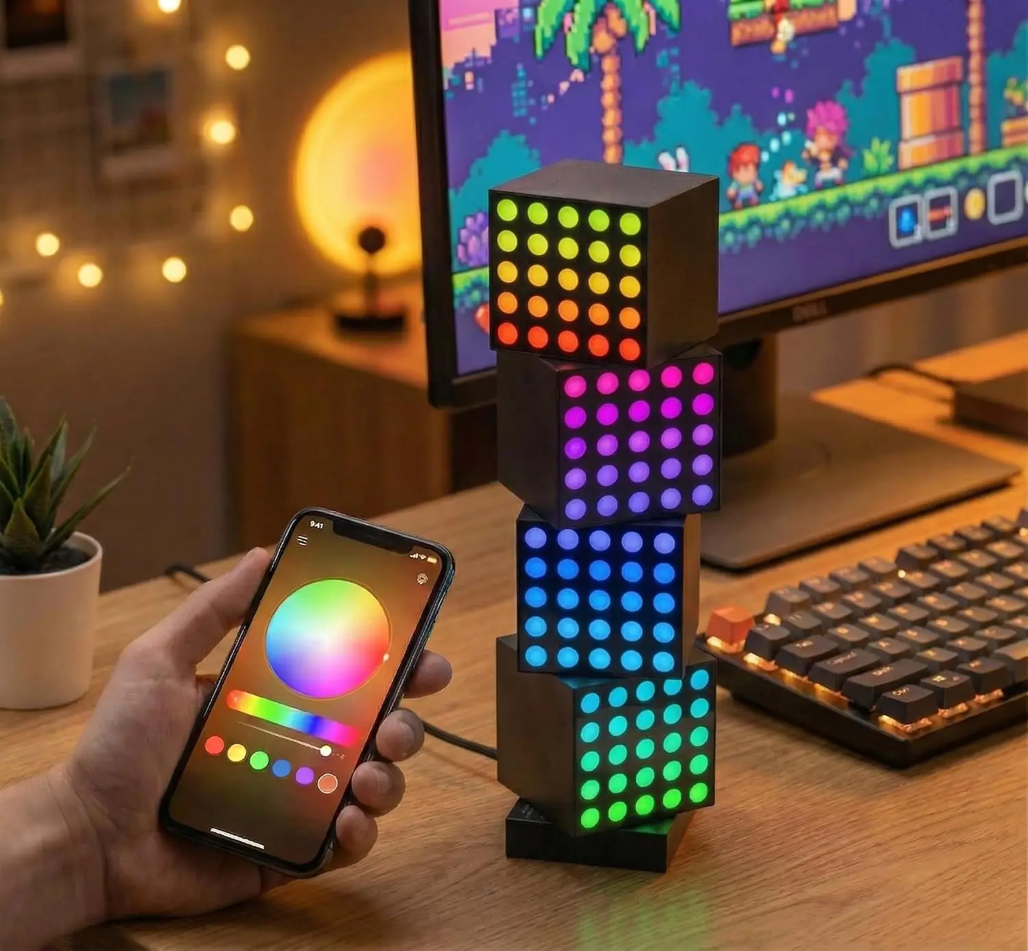 YEELIGHT Smart Pixel Art Cube Lamps (4-Pack Kit) - Music Sync, DIY LED Display with Clock Mode, RGB Mood Night Light, Matter & Alexa Compatible, App Control for Gaming Room, Man Cave Gadgets, Letters/Slogan Specialty Decorative Lighting
