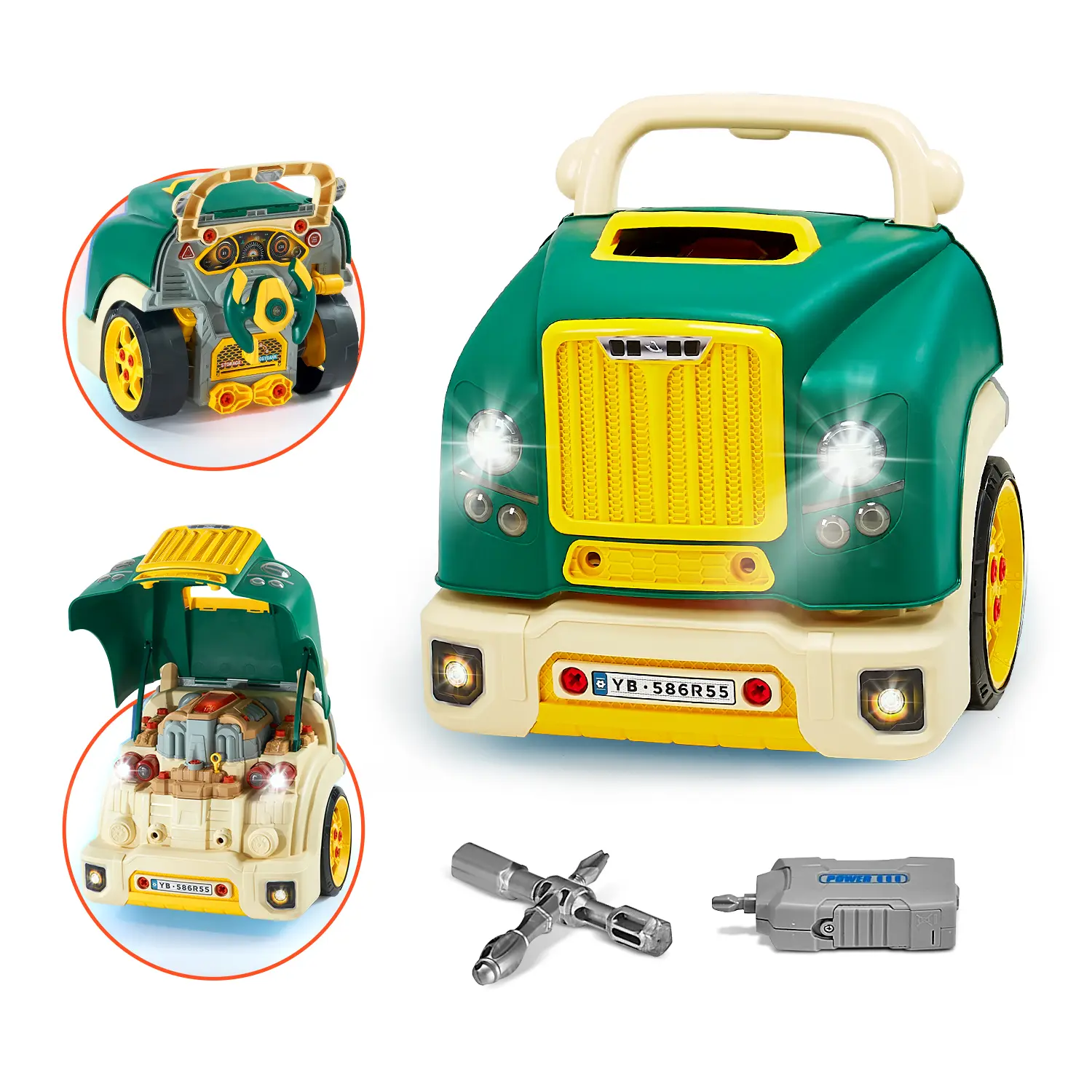 VEVOR Engine Toy,  , 60 Pieces, Kids Mechanic Car Repair Set with Removable Parts, Lights and Sounds, Steering Wheel and Horn, Kids Mechanic Workshop Set for Toddler Ages 3 Years and Up, Green