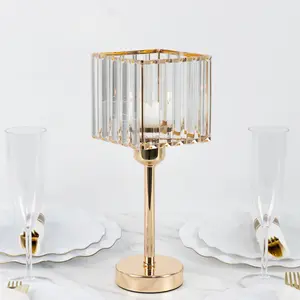 2 Pack Gold Crystal Hurricane Candle Holders – 13" Square Glass Pillar Candle Stands, Crystal Pendant Design