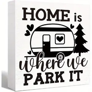 Funny Camping Wood Box Sign Rustic Home is Where We Park It Wood Block Sign Home RV Camper Decor, Camper Decorations Accessories for Inside, Camping Gifts 5x5 inch