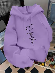 Women's Fashion Hooded Sweatshirt, Pullover, Fitted, Baith Letter & Heart Print, Kangaroo Pocket, Casual Long Sleeve, Fall & Winter, Daily Wear