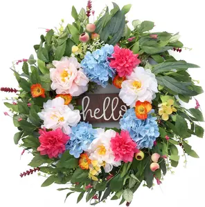 24" Peonies Wreaths for Front Door with Blue Hydrangea, Peonies, Dahlia, Phalaenopsis,&Summer Artificial Flowers for Wedding, Front Door Porch Yard Home