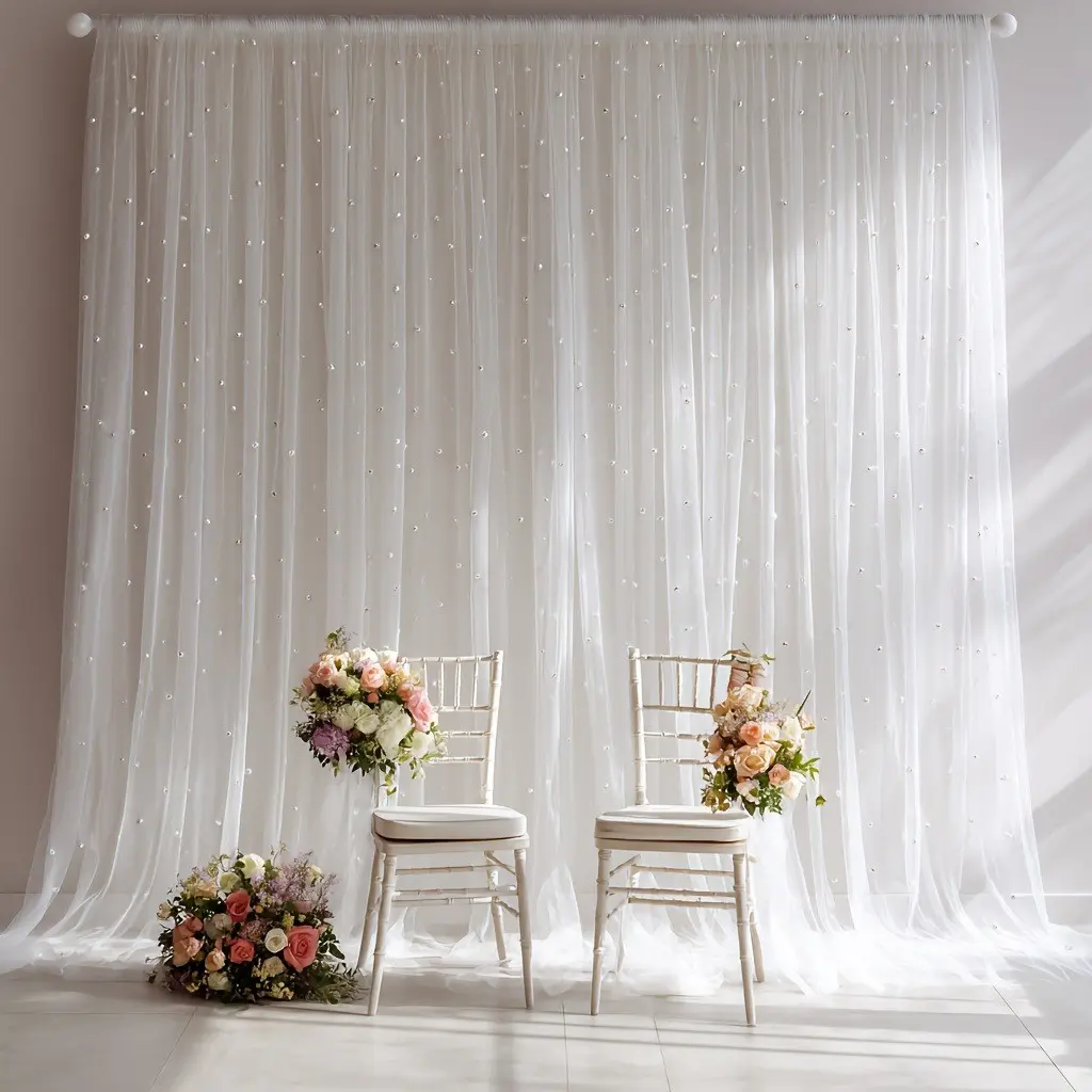 White Pearl Sheer Curtains with Rod Pocket Tulle Backdrop for Wedding, Bridal Shower, Party Decor & Decor For Weddings Wedding Arched Backdrop