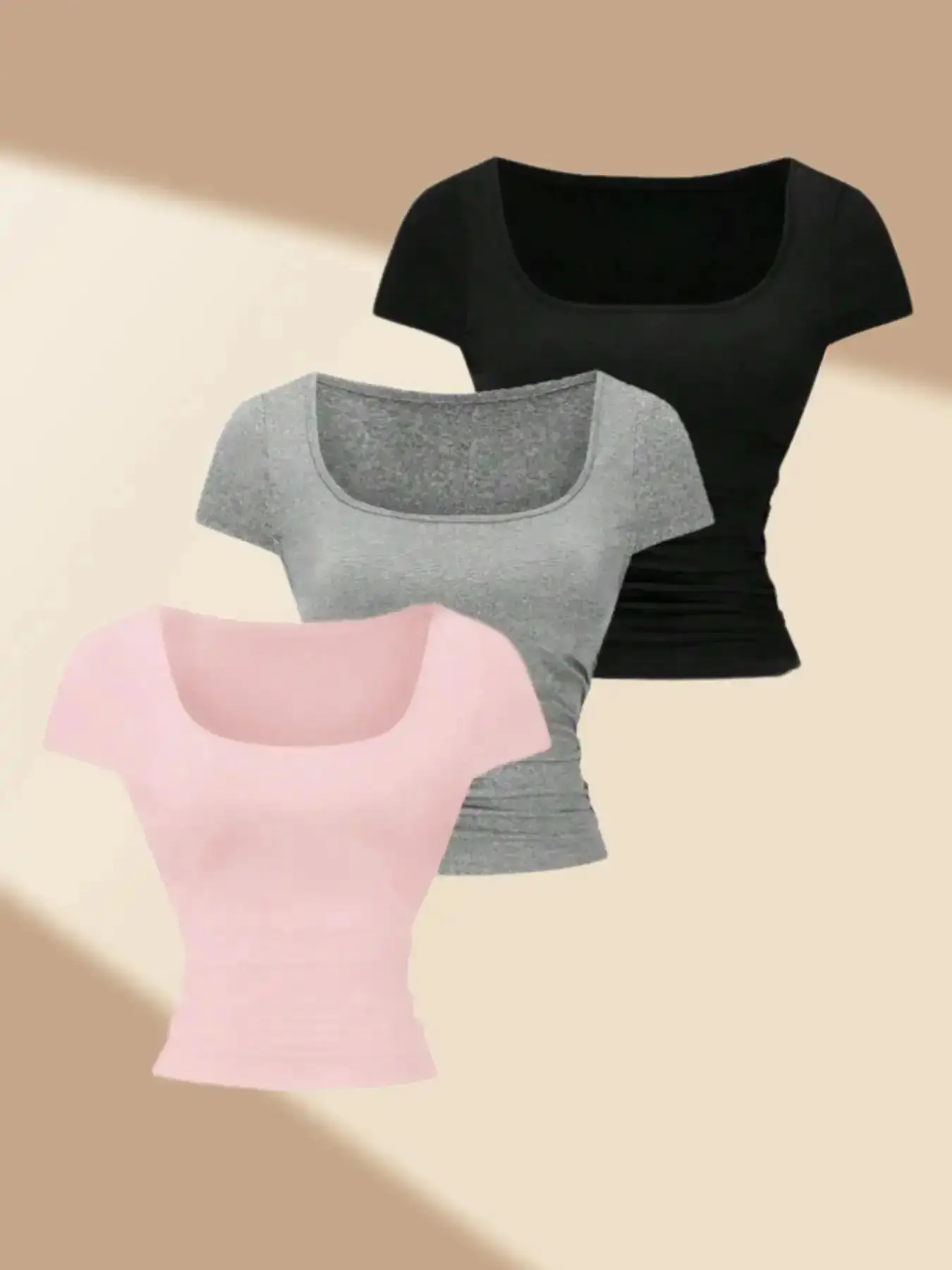 Summer Classic Basic Minimalist Slim Fit Short Sleeve Square Neck T-Shirt Women's Three Piece Set, Everyday Casual Home Wear, Stylish and Comfortable, Top, Womenswear A Line Dress Knitwear Leggings Women Gift High Waist
