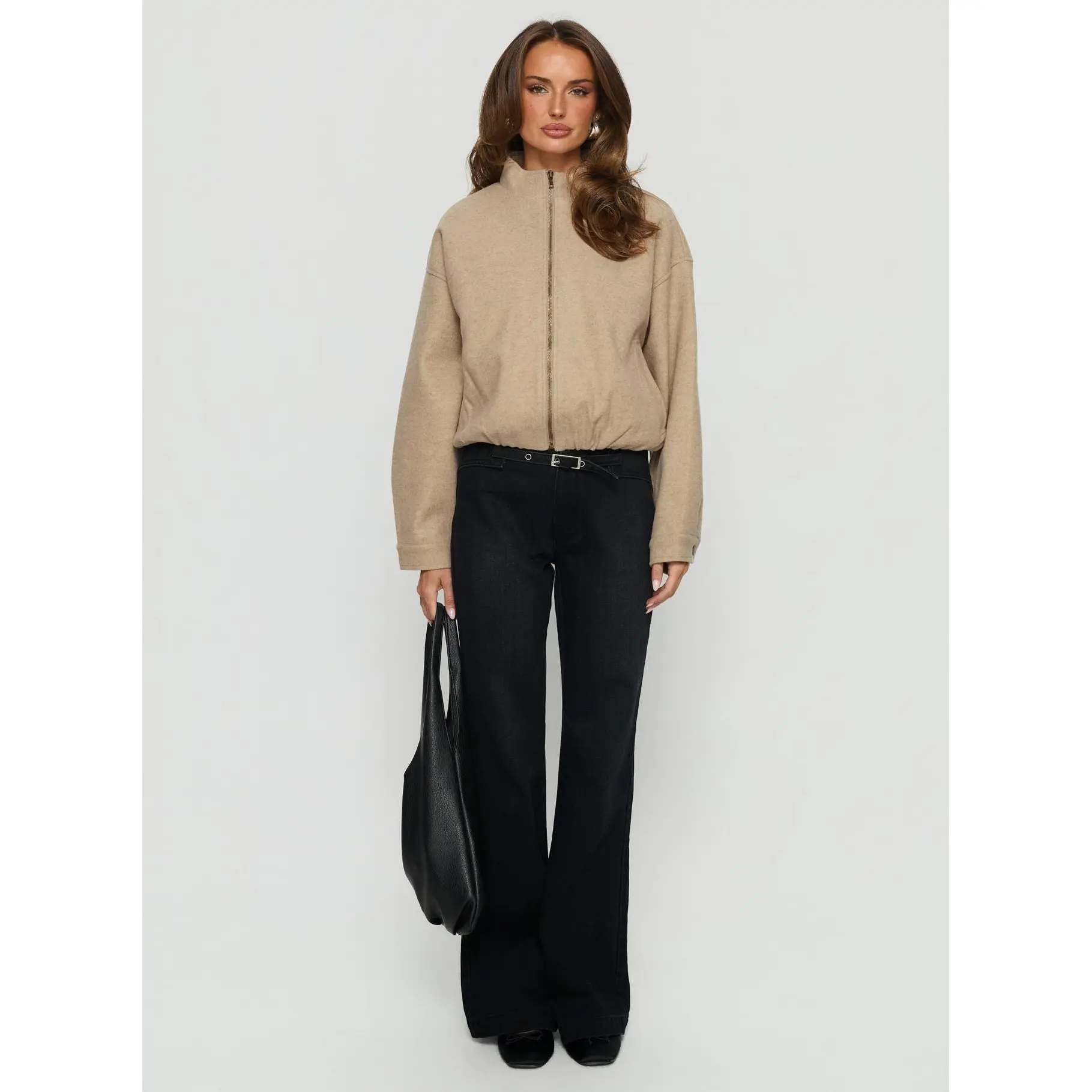 Chayden Cropped Faux Wool Bomber Jacket Beige - TikTok Shop