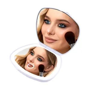 LED lights portable markup mirror, conch shell shape, double-sided folding, stepless dimming, touch adjustment, rechargable Balancing Facial Reflection Mirror Compact Magnifying Makeup Mirror with Suction Cups Rechargeable Handheld