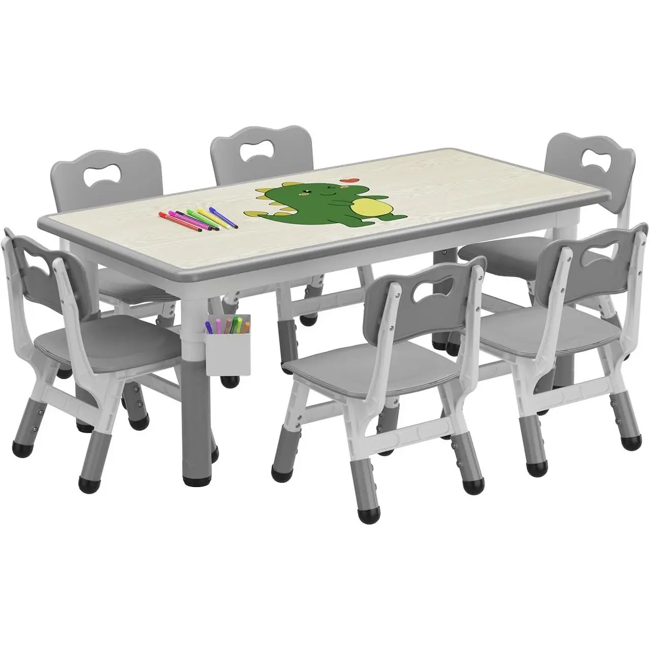 【Christmas Gift】Ergonomic Toddler Table and 6-Chair Set - Interior Dining Particle Board Furniture, Height-Adjustable, 10.6"-12.2" Chairs, Storage Box, Graffiti Desktop, Non-Slip Legs, Kids Activity Set for Home (Ages 2-10)
