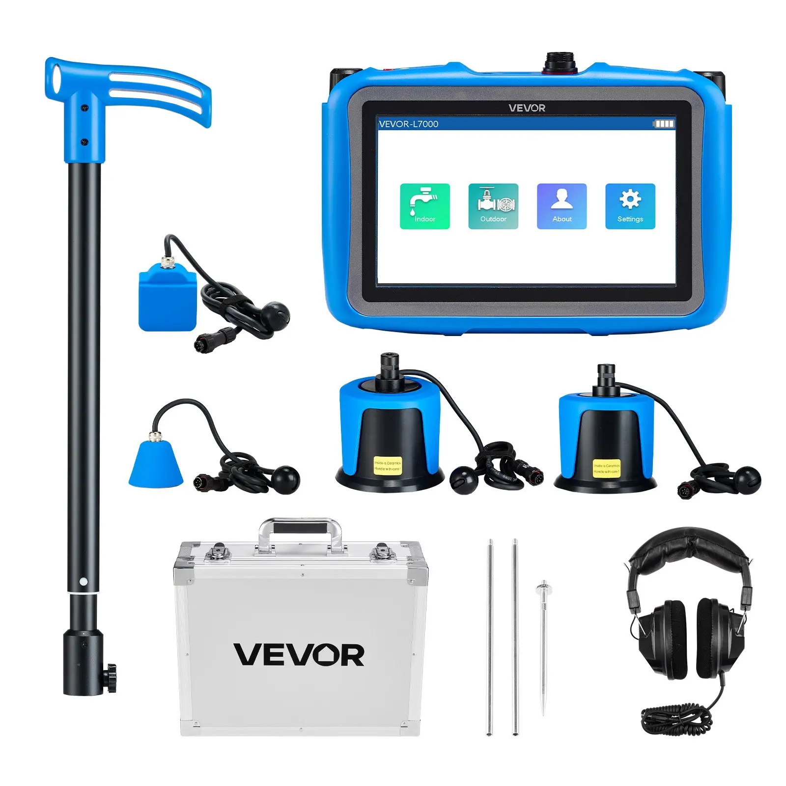VEVOR Underground Plumbing Water Leak Detector with 4 Sensors, 1Hz-10000Hz 7-Touchscreen Locator, 3 Listening Rods, Headphones, 8GB Card & Carry Case for Indoors, Outdoors