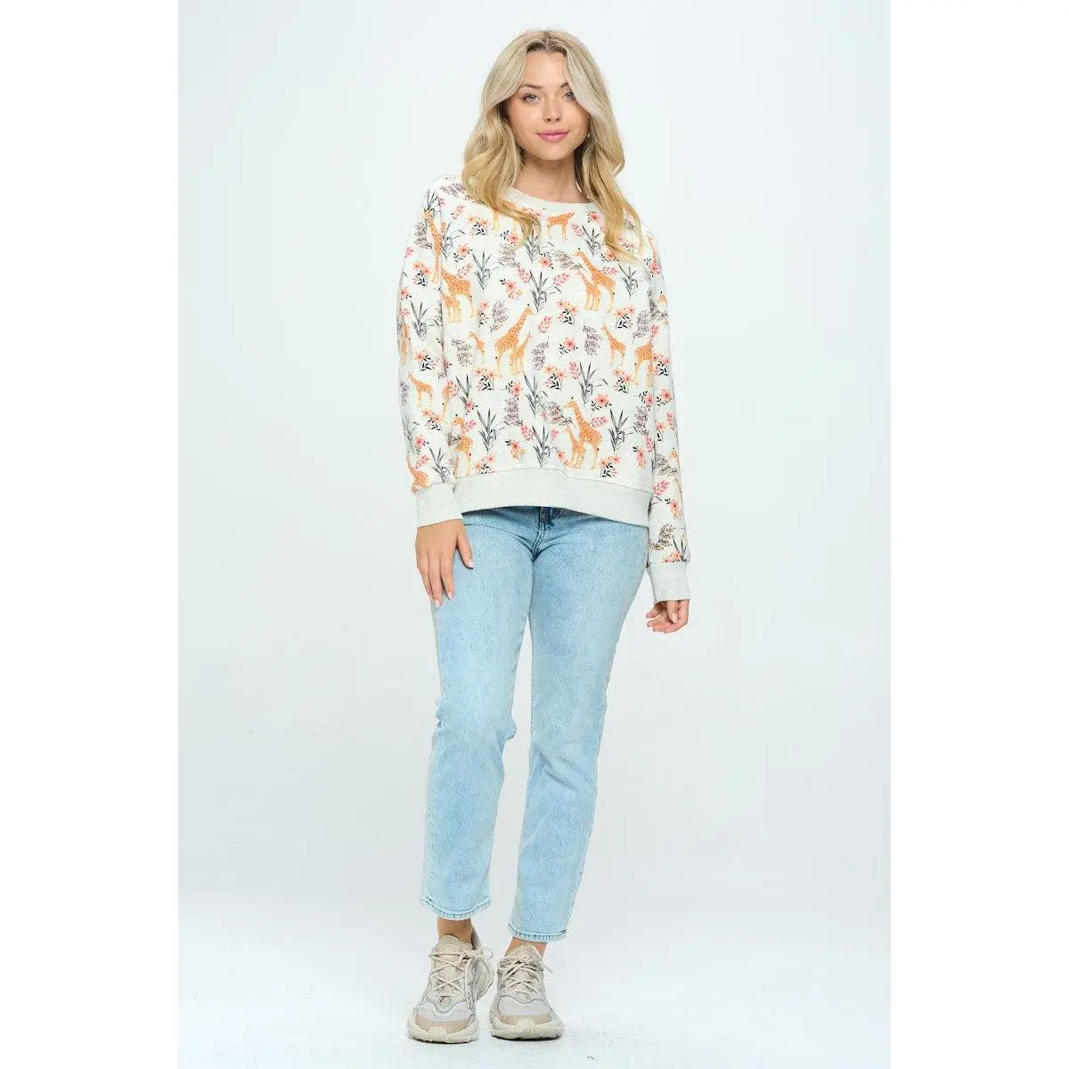 Giraffe and Floral Print Crew Neck Sweatshirt