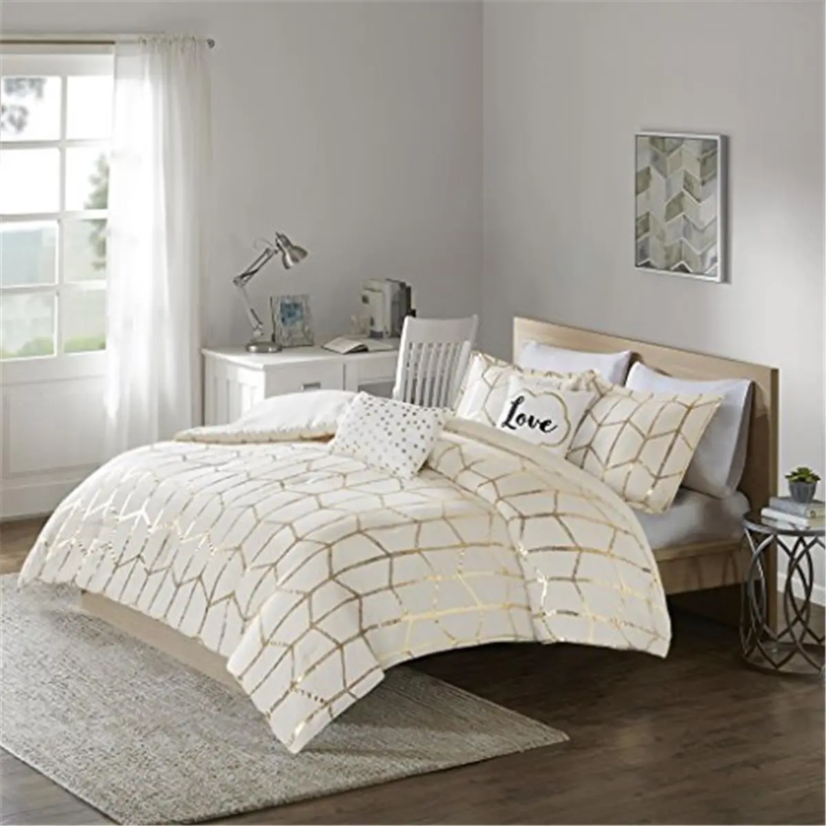 212 MAIN Embroidered Geometric Reptile & Amphibian Decorative Comforter Set - Ivory & Gold, Full/Queen Size, Microfiber Soft Decorative Bedding Set, Microfiber Bedding Set